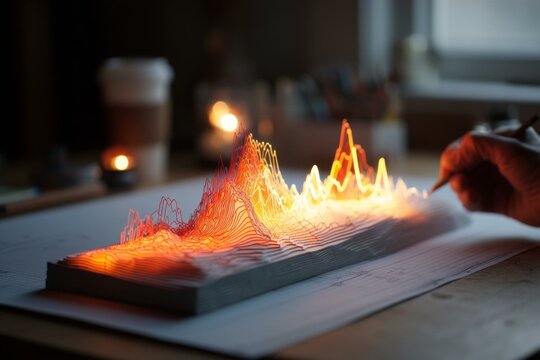 Glowing Topographic Model on Desk Illustrating Data Visualization with Hand Using Pencil for Analysis and Development - Powered by Adobe