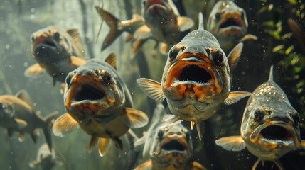 Shoal of piranhas swimming in an Amazonian river their razor sharp teeth glinting beneath the rippling water