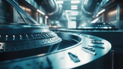 Futuristic Factory Machinery Close-up: Teal Industrial Design