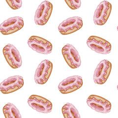Donut with pink icing seamless pattern watercolor illustration. RSuitable for menus and advertising of a bakery, coffee shop, design of diet and culinary sites, social networks, baking master classes.