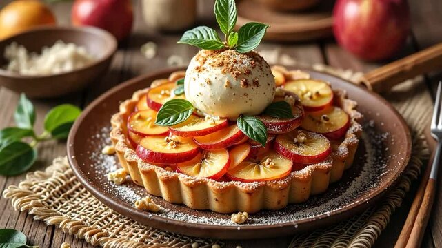 Rustic apple tart topped with a scoop of vanilla ice cream and fresh mint on a wooden plate, surrounded by nuts and fruits in cozy autumn setting, 4K, motion