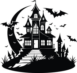 Spooky Halloween Haunted House With Bats and Bare Trees Silhouette