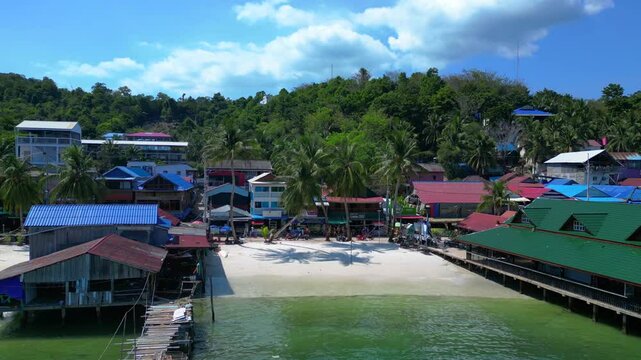 25.2.25 Ko Rong khm, Island Village on Beach. Lovely aerial view flight drone