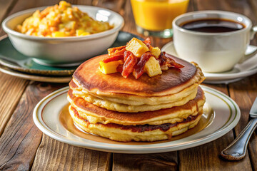 Fluffy Buttermilk Pancakes with Bacon Topping and Breakfast Sides