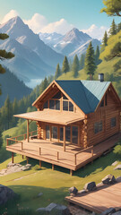 Wooden cabin with a large deck, overlooking a serene valley with mountains in the distance.

