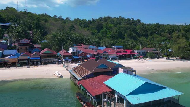 25.2.25 Ko Rong khm, Island Village on Beach. Magic aerial view flight drone