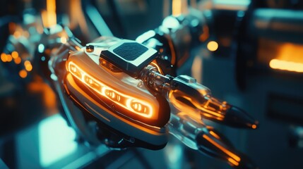 Fototapeta premium Futuristic Orange Illuminated Sci-Fi Device or Cyberpunk Machinery Detail