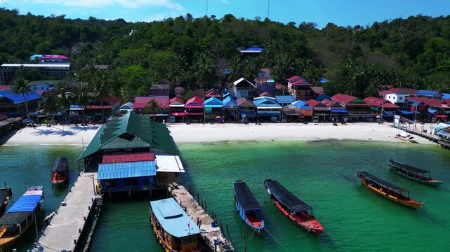 25.2.25 Ko Rong khm, Island Village on Beach. Majestic aerial view flight drone