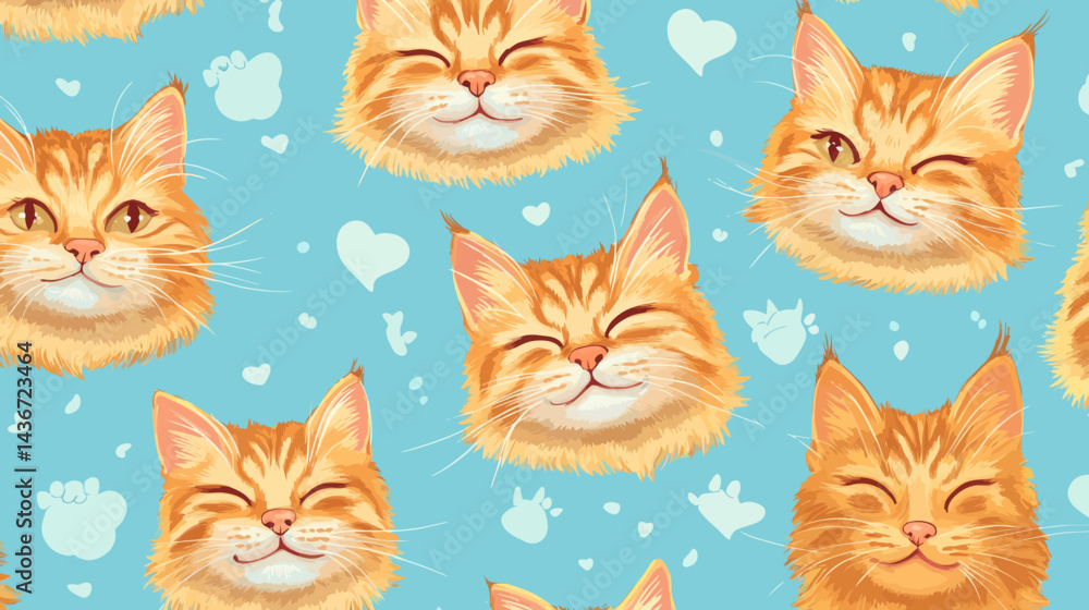 Fototapete Cute cartoon creatures, similar to cats, are illustrated in a group with a textured background and multiple heads, as fictional abstract creatures generated by computer graphics