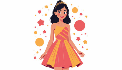Cheerful girl in colorful prom dress with stars and shapes, celebration