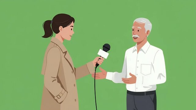 Interviewing Elderly Man with Microphone Cartoon Style