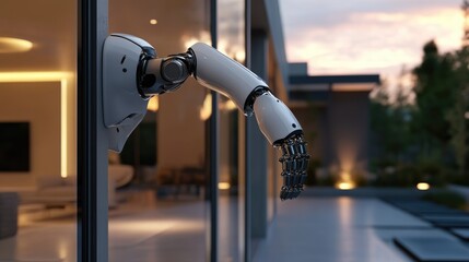 A futuristic robot arm extends from a modern building's glass door. The metallic hand is reaching out, set against an evening sky.