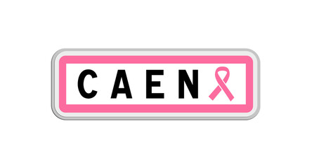 Panneau de sortie de Caen, Calvados, Normandie avec Ruban Octobre Rose