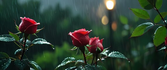Close up of rose hip clusters gleaming with fresh rain amidst sharp green leaves and thorny stems