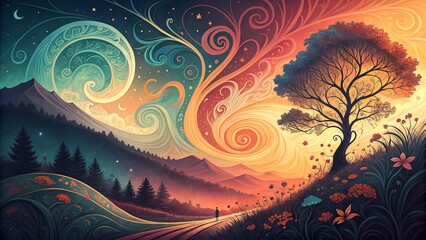 Colorful Abstract Fractal Background with Tree Silhouette at Sunset