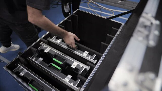 Technician placing LED screen panels into protective case