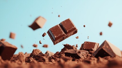 Chocolate pieces and chunks of cocoa powder are suspended in mid-air against a clear blue background.