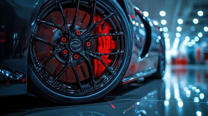 Close-up of a performance car's wheel
