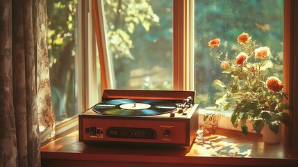 Sun-drenched windowsill with vintage record player and flowers.