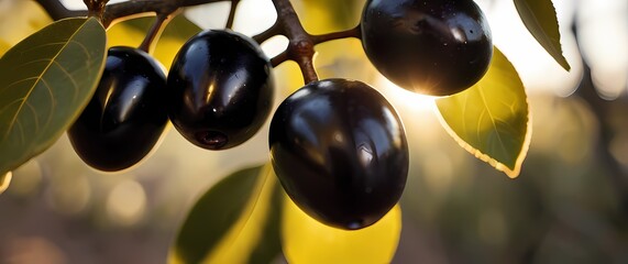 Close up of ripe black olives hanging densely on gnarled branches with sunlit leaves glowing warmly