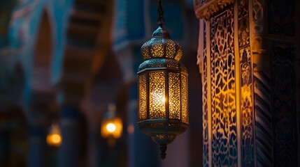 Intricate lantern illuminating a decorative archway.