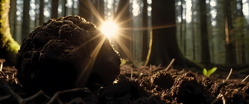 Close up of richly textured black truffle nestled in dark moist forest soil with soft shafts of golden sunlight