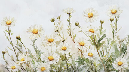 watercolor botanical Chamomile flowers texture template background.Elegant wedding invitation card background . Minimal hand painted Design for wedding or Valentine's Day