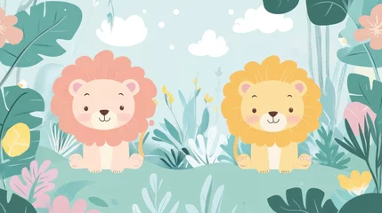 Two lion cubs sitting in a jungle, pastel illustration, children's book