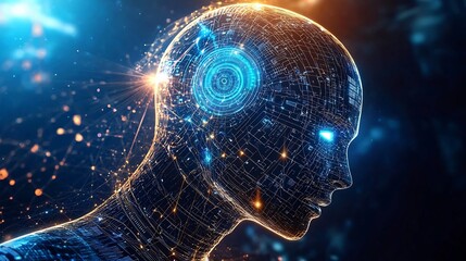 Futuristic Human Head with Glowing Blue Circuits in Dark Space