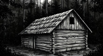 Obraz premium Black and white rustic wooden cabin in forest