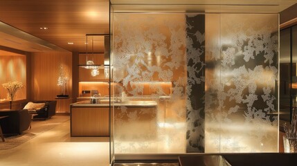 Modern, light-filled kitchen area with a frosted glass partition.  The kitchen features warm wood tones, sleek appliances, and stylish lighting.  A lounge area is visible through the partition