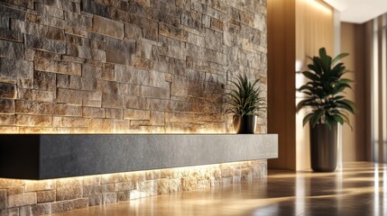 Modern lobby with stone wall and sleek furniture