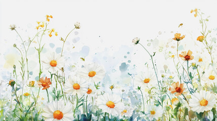 watercolor botanical Chamomile flowers texture template background.Elegant wedding invitation card background . Minimal hand painted Design for wedding or Valentine's Day