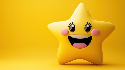 Fototapeta premium Happy cartoon star on a bright yellow background with smiling face