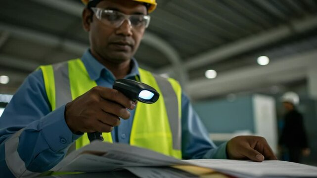 A close-up of an Indian cargo airport worker examining shipment documents, checks a barcode scanner