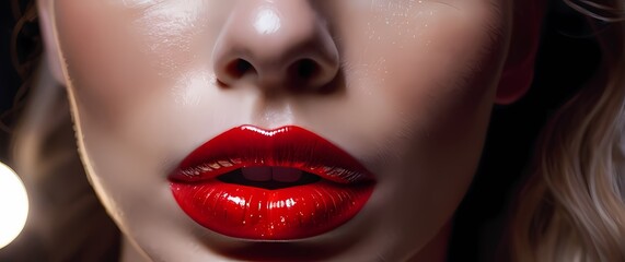 Obraz premium Close up macro shot of vibrant red lip gloss spread smoothly across textured skin with reflective shine