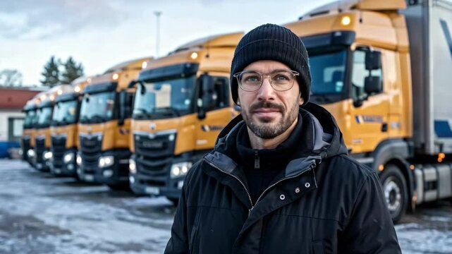 Trucking professional stands proudly in front of fleet during winter at a transport company yard