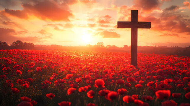Lone wooden cross in a glowing red field of poppies during sunrise, honoring sacrifice and eternal peace. Bloomfield Light. Illustration