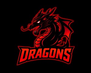 team logo: fierce dragon mascot, fiery red-black gradient, angular type.