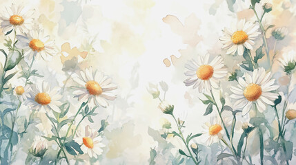 watercolor botanical Chamomile flowers texture template background.Elegant wedding invitation card background . Minimal hand painted Design for wedding or Valentine's Day