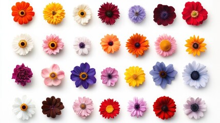 Colorful flowers arranged on white background; floral design