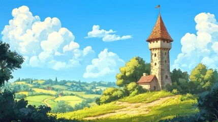Naklejka premium Sun-drenched countryside landscape with a medieval tower. Lush green fields, rolling hills, and a quaint stone tower dominate the scene. A winding path leads to the tower