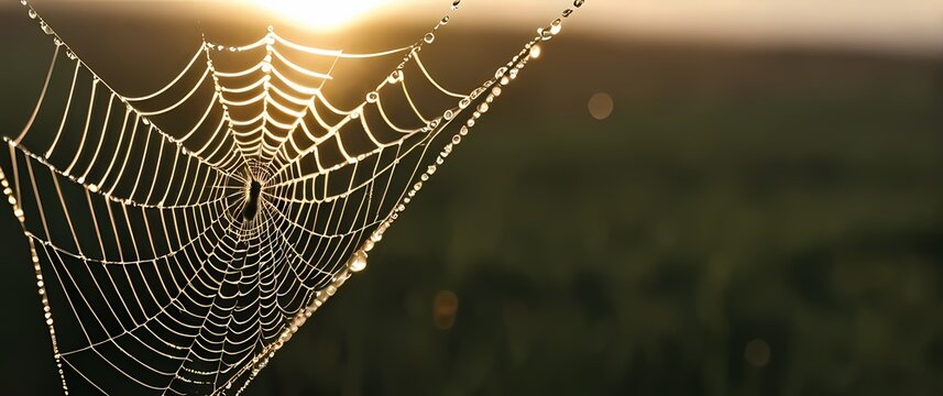 Close up macro of dew spangled spider web glistening like a network of tiny diamonds in morning light - Powered by Adobe