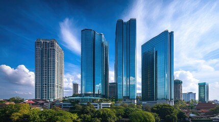 Obraz premium Modern city skyline with high-rise buildings under a partly cloudy sky. Urban landscape with glass towers and greenery