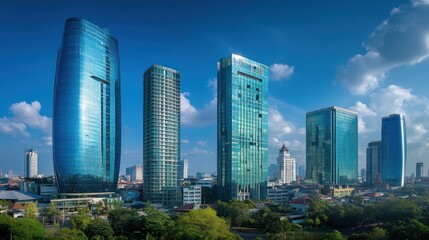 Naklejka premium Modern city skyline with skyscrapers and lush greenery. Panoramic view of high-rise buildings under a vibrant blue sky