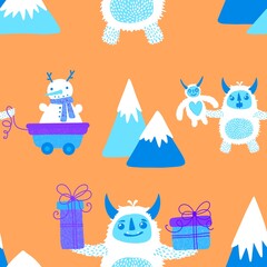 Winter monsters seamless Christmas yeti pattern for wrapping paper and fabrics