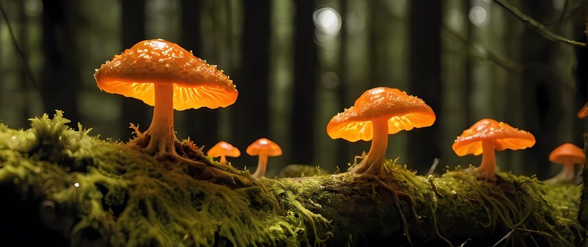 Close up image of orange drop fungus clusters growing on moss covered logs in deep shady forest