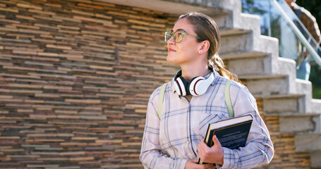 Woman, morning commute or college student thinking of class for learning, future or study in...
