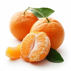 Fresh and juicy tangerine with vibrant color and green leaves on white background