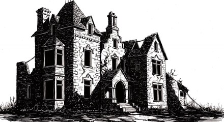 Fototapeta premium Monochromatic illustration of a decaying mansion